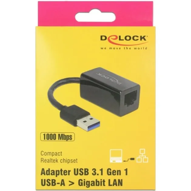 DELOCK SUPERSPEED USBA (USB 3.1 GEN 1) MALE > GIGABIT LAN 10/100/1000 MBPS COMPACT ADAPTER (ZWART, 12,7 CENTIMETER)